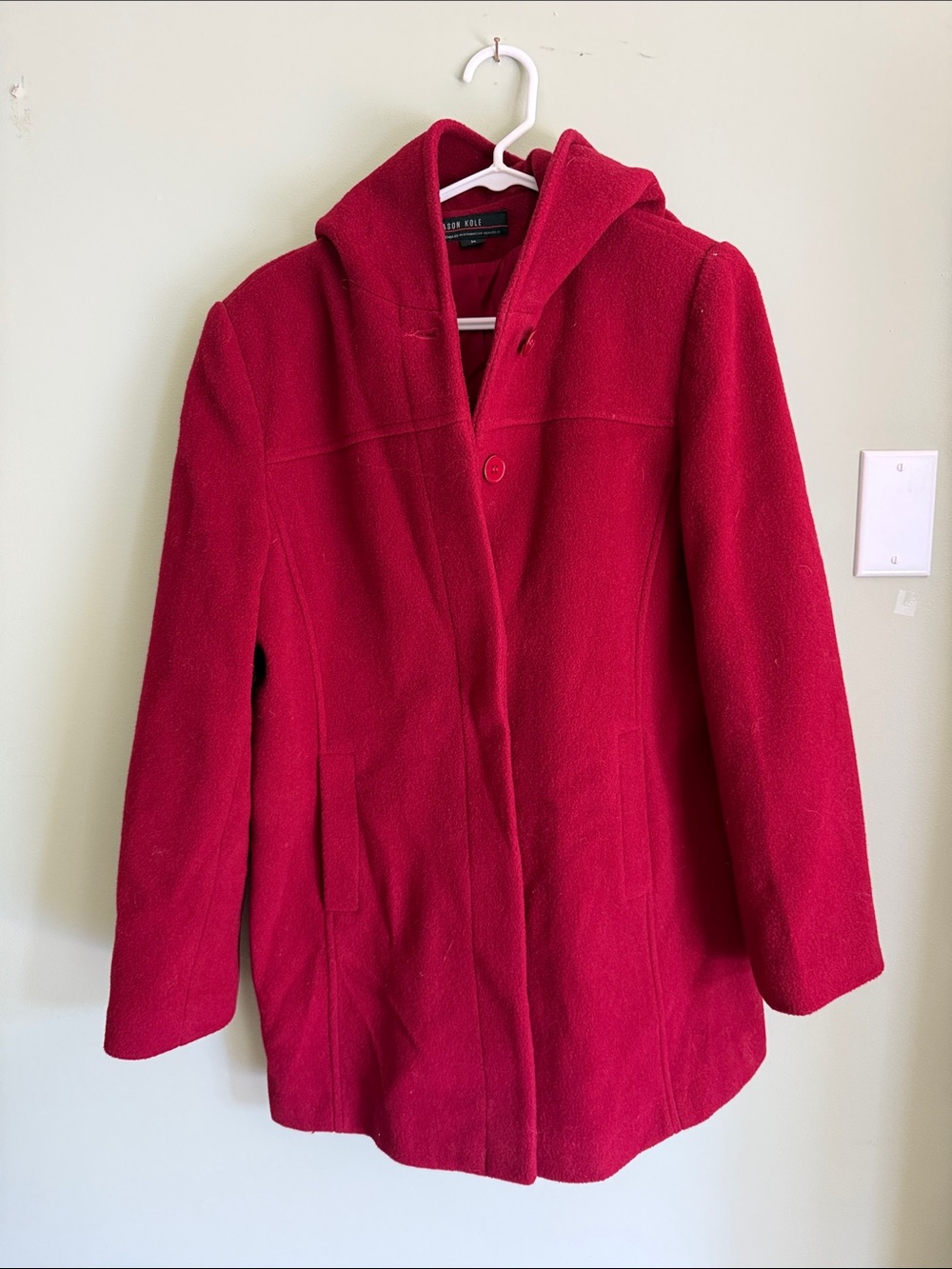 Jason Kole 100% wool red short pea coat vintage medium pockets hood